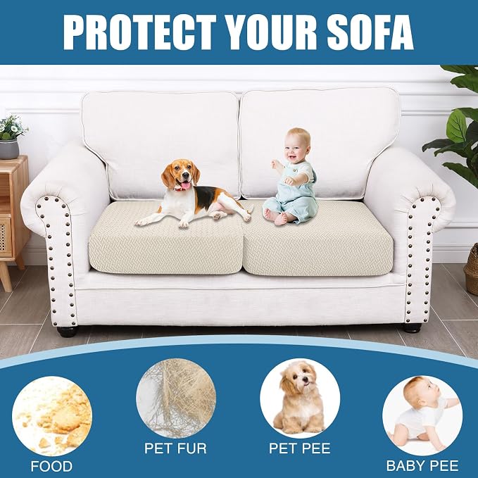 Smiry Waterproof Couch Cushion Covers, Stretch Jacquard Thick Sofa Cushion Covers, Washable Seat Slipcover Elastic Furniture Protector for Pets, Kid (2PC, Apricot)