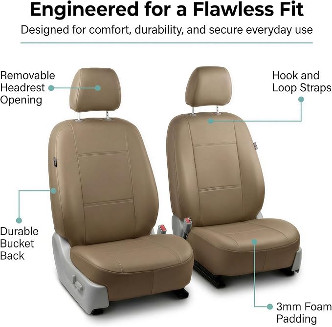 FH Group Car Seat Covers PU Leather Automotive Seat Covers Front Set, Tan Seat Covers Pair Set with Gift Universal Fit Interior Accessories for Cars Trucks and SUVs