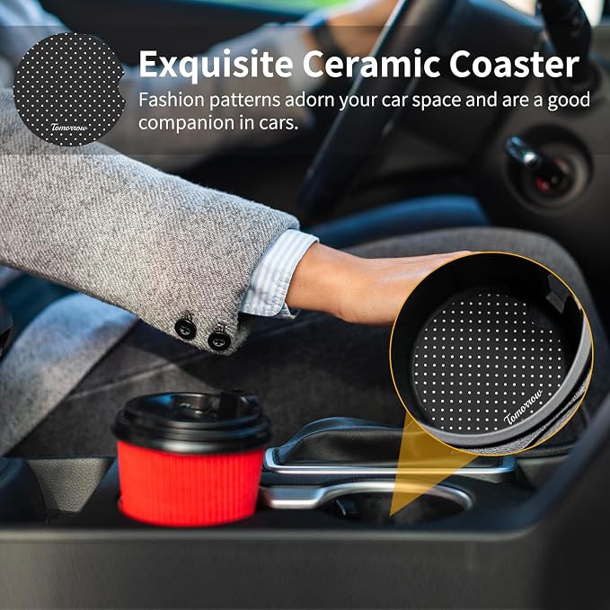 Cute Fashion Polka Dot Car Coasters 2 Pack for Cup Holders, 2.56 Inch Finger Notch Retro 70's Style Ceramics Heat Resistant Anti Slip Cork Base Car Drinks Coasters Auto Accessories-Black