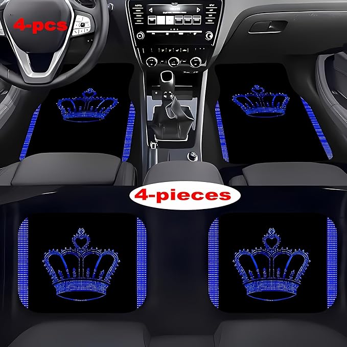 Universal Fit Car Floor Mats Set of 4Pcs, Blue Crown Pattern All-Weather Front Rear Car Carpet Mats, Non-Slip Car Floor Mat Car Accessories for Automotive Trucks SUV Sedans Vans