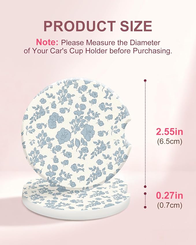 Swooflia Floral Absorbent Ceramic Car Coasters Set of 2, Cute Botanical Wildflower Cup Holder Coasters for Car, Blue Flower Car Accessories for Women, Unique Gifts for Mom, Friends, Teachers Coworkers