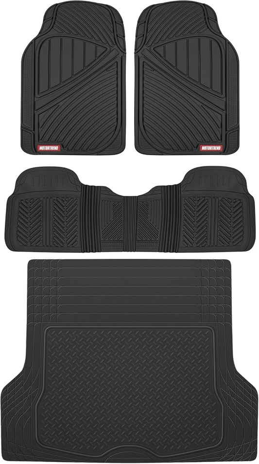 Motor Trend FlexTough™ Baseline Rubber Car Floor Mats with Trunk Mat Cargo Liner, Front & Rear Combo Set fits Most Car SUV Van Coupe Sedan, Heavy Duty All Weather Trim to Fit