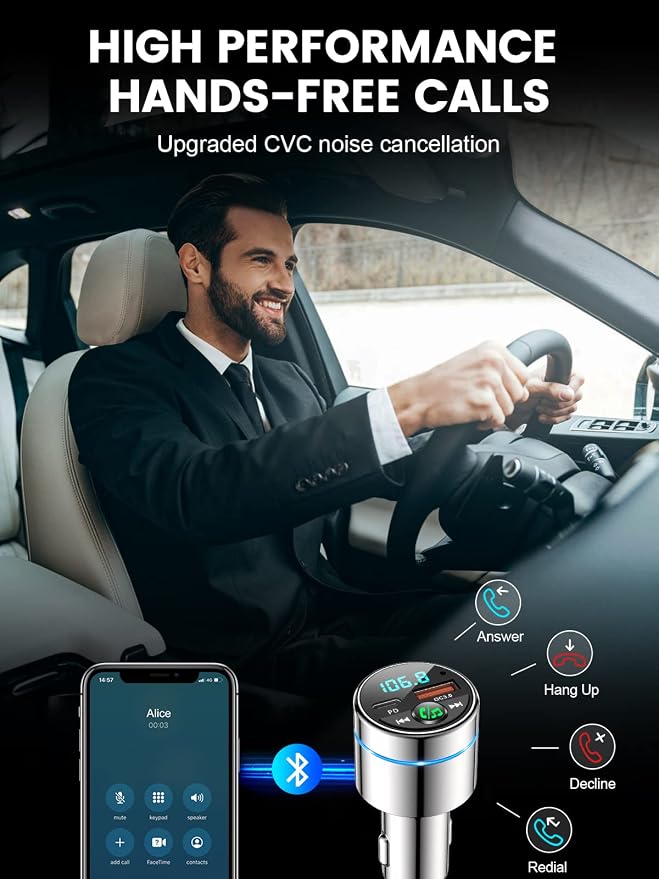 RIWUSI FM Transmitter for Car Bluetooth 5.3, [All-Metal] PD 30W & QC3.0 18W Fast Car Charger, Wireless FM Radio Kit Bluetooth Car Adapter, Noise Cancelling Hands-Free Call, Blue Light - Sliver