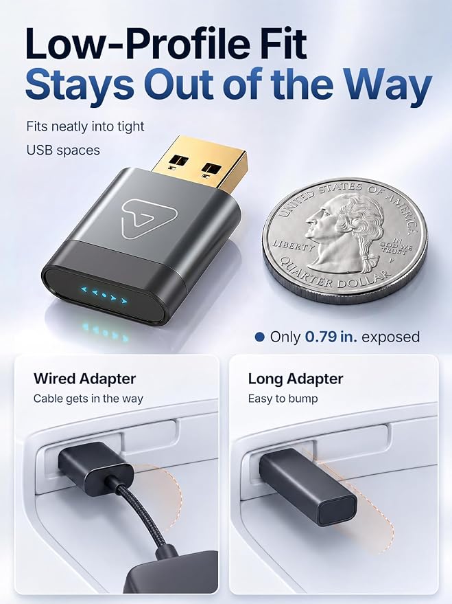 Wireless CarPlay Adapter for Apple Daily Commute, Wired to Wireless | Ultra Mini, Cooling Design, Fast Stable Connection, Easy to Set Up, USB C/A, Bluetooth 3s Reconnect, Maps Music Calls