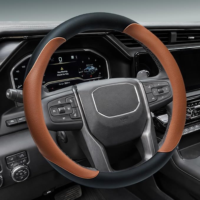 Yangday Leather Steering Wheel Cover for GMC Sierra 1500 2500 3500, 14.5-15 inches Car Steering Wheel Cover with Anti-Slip Massage Particle (Brown)