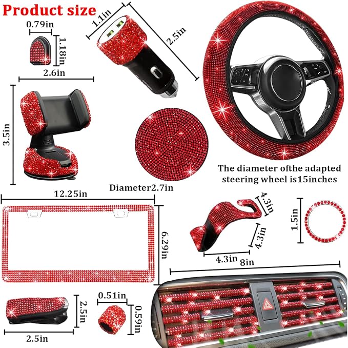 27PCS Bling Car Accessories Set for Women, 14.5-15" Crystal Rhinstone Steering Wheel Cover, License Plate Frame, USB Charger Phone Holder, Girly Auto Interior Decor Set, Universal Fit (Red)