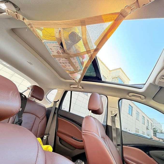 Car Ceiling Cargo Net Pocket, Double-Layer Mesh Strengthen Load Bearing Vehicle Roof Storage Organizer, Auto Interior Cargo Net with Zip Seal, Compatible with Three Handles Vehicle (Beige)