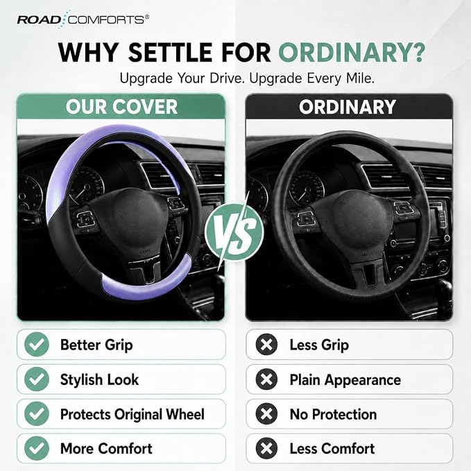 Road Comforts Steering Wheel Cover – Breathable Leather Steering Wheel Cover, Anti-Slip Grip, Universal Fit 14.5” to 15”, Heat & Cold Resistant for Cars, SUVs, and Trucks – Black & Shining Purple