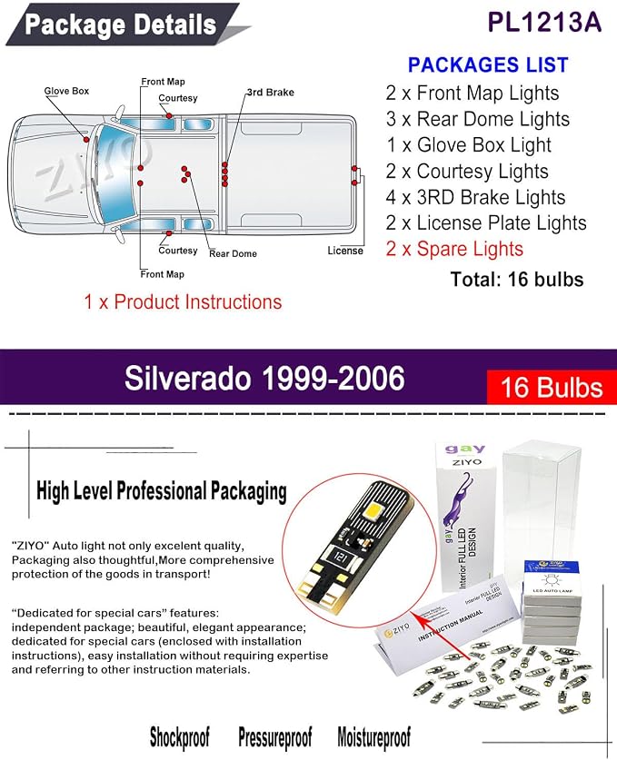 LED Interior Light kit for Chevrolet Silverado GMC Sierra 1999-2006 Dome Light Bulbs Replacement Package, 6000K Xenon White LED Lights Accessories Upgrade (16 Bulbs)