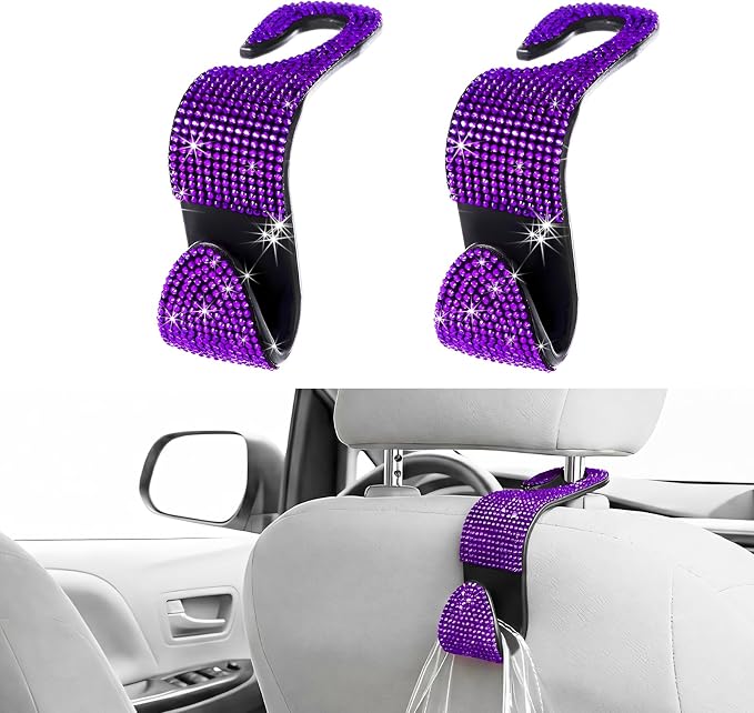 2 PCS Car Seat Headrest Hook, Crystal Rhinestone Seat Hanger Auto Interior Purse Holder, Bling Vehicle Backseat Hangers for Grocery Bags Handbags Coats, Car Accessories (Purple)
