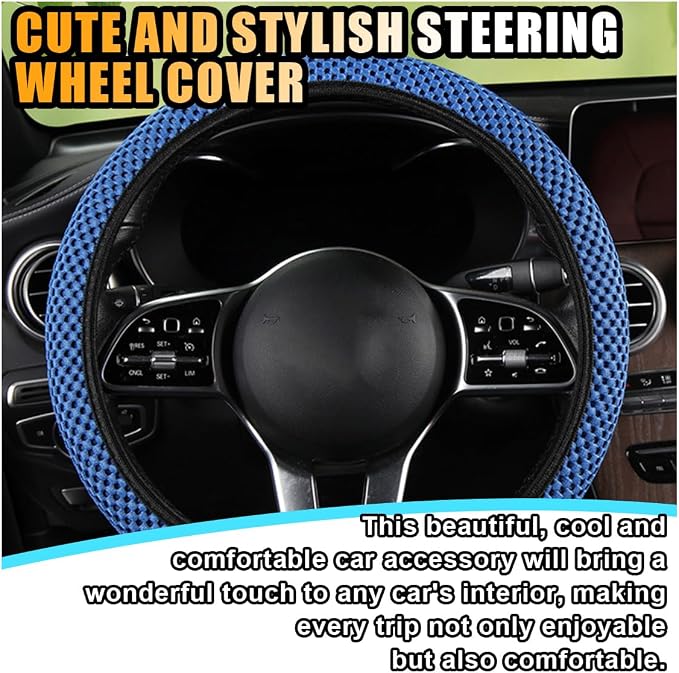 Stretch Elastic Steering Wheel Cover, All-Season Comfort, Warm in Winter & Cool in Summer, Universal 15 Inch Microfiber Breathable Ice Silk, Anti-Slip, Odorless, Easy Carry, Fit Car, SUV (Blue)