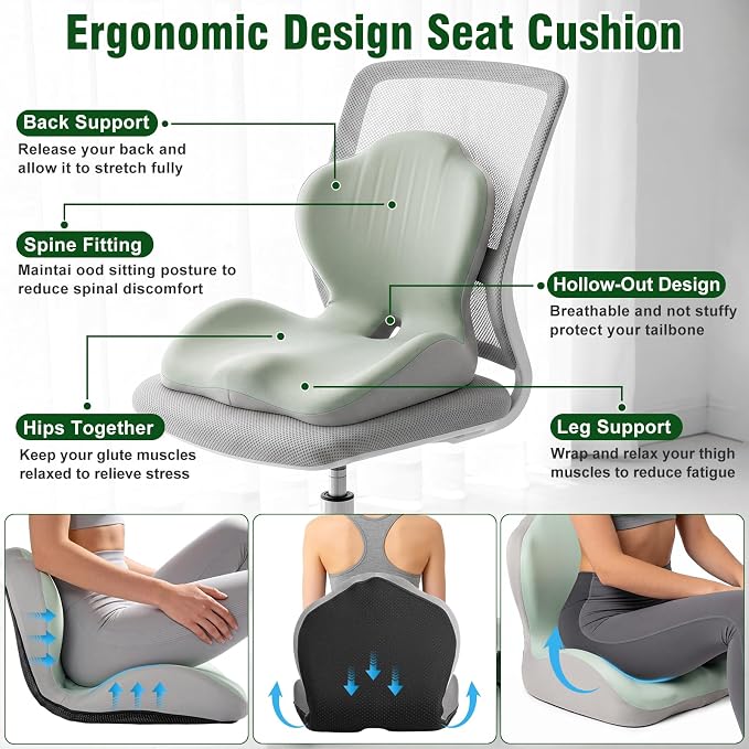 Car Seat Cushion with Lumbar Support Pillow, Memory Foam Office Chair Cushion for Back Pain Sciatica Pain Relief, Ergonomic L-Shaped Seat Cushion for Car Truck Driving Office Chair Home (Green Gray)