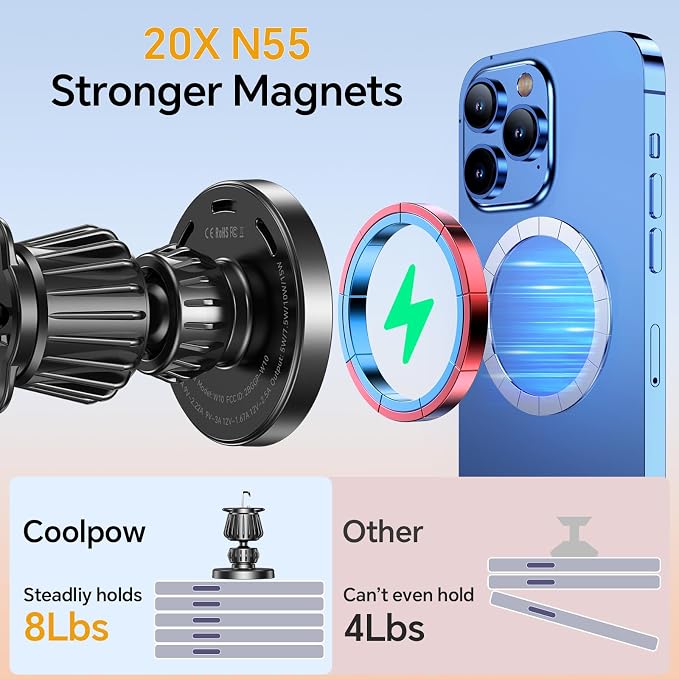 Coolpow for Magsafe Car Mount Charger【100% Stable】15W Magsafe Car Charger Magnetic Phone Holders for Your Car Accessories for Women Men car Phone Holder Wireless Car Charger for iPhone (Carbon Fiber)