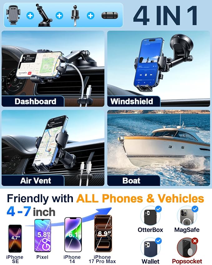 YRU True Military-Grade [360° Rotation Suction] 2026 Ultimate Car Phone Holder Mount【90+LBS Safest Strongest & Patent Certs】 Dash Windshield for iPhone 17 16 Pro Max Speakerphones, Matt Black