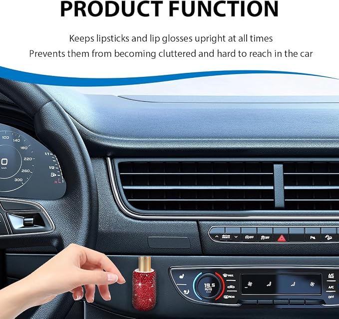 DXNQ Upright Car Lipstick Holder, Bling Strong Adhesive Upright Lipstick Organizer Vehicle Lip Balm Holder, Sparkling Rhinestone Auto Interior Insulating Lip Balm Mount for Women (Red)