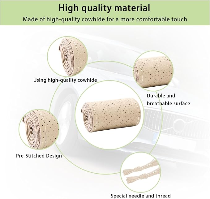 Kewucn Genuine Leather Steering Wheel Cover, 15" Universal Car Steering Wheel Protector with Needle Thread, Breathable Anti-Slip Steering Wheel Cover DIY Stitch on Wrap (Beige, Full Hole)