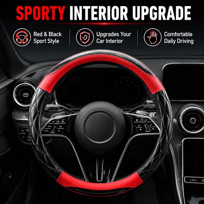 Couslcd 14.5-15 Inch Leather Steering Wheel Cover with Soft Padded Lining, Anti-Slip Comfort Grip, Universal Steering Wheel Protector for Most Cars, SUVs, Trucks (Red)