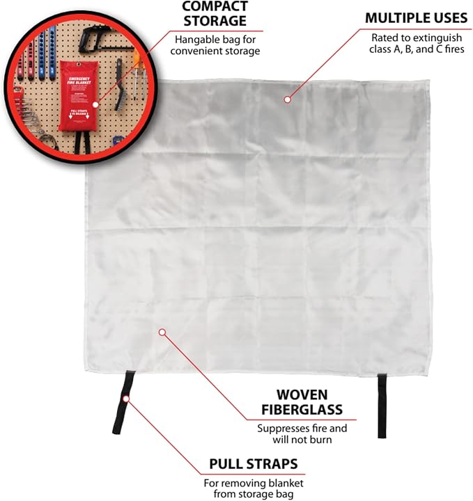 Performance Tool W905 Emergency Fire Blanket, for Class A, B and C Fires, for Shops, Homes, Cars and RVs
