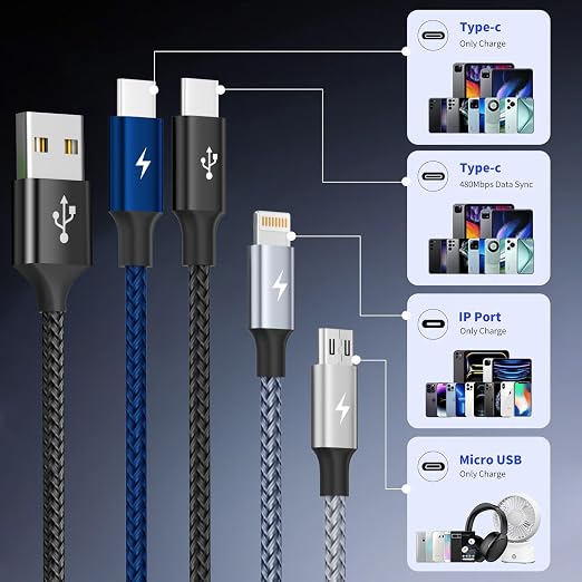 4 in 1 Multi Charging Cable, 2 Pack 6FT Charging Cords for Multiple Devices | USB C Car Charger Cable with Dual USB-C, IP & Micro Ports, Nylon Braided Travel Charging Cord for Multiple Devices