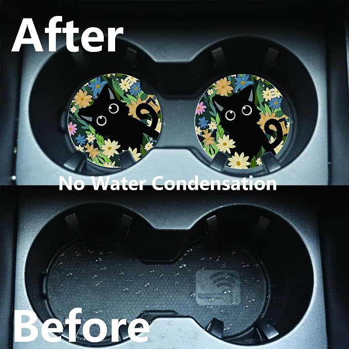 2pcs Cute Black Cat Car Coasters,Absorbent Universal neoprener Cup Holder Coasters with a Finger Notch,Car Accessories for Women&Man Interior，2.75" 2