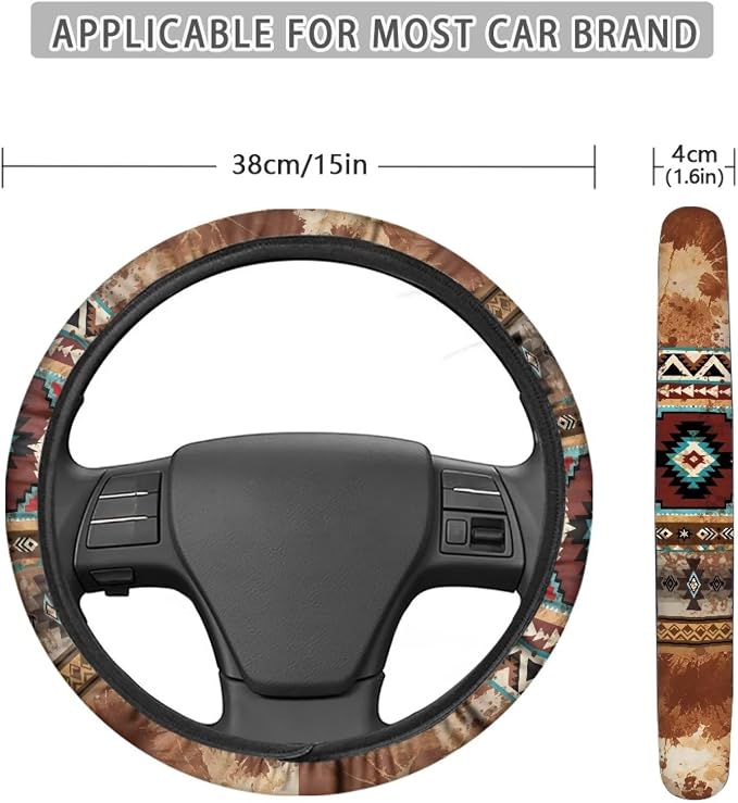 Wanyint Car Steering Wheel Cover Universal Fit SUV Truck Van, Anti-Skid Soft Stretchy All Weather Protection Auto Decor Accessories, Aztec Navajo Splash Brown