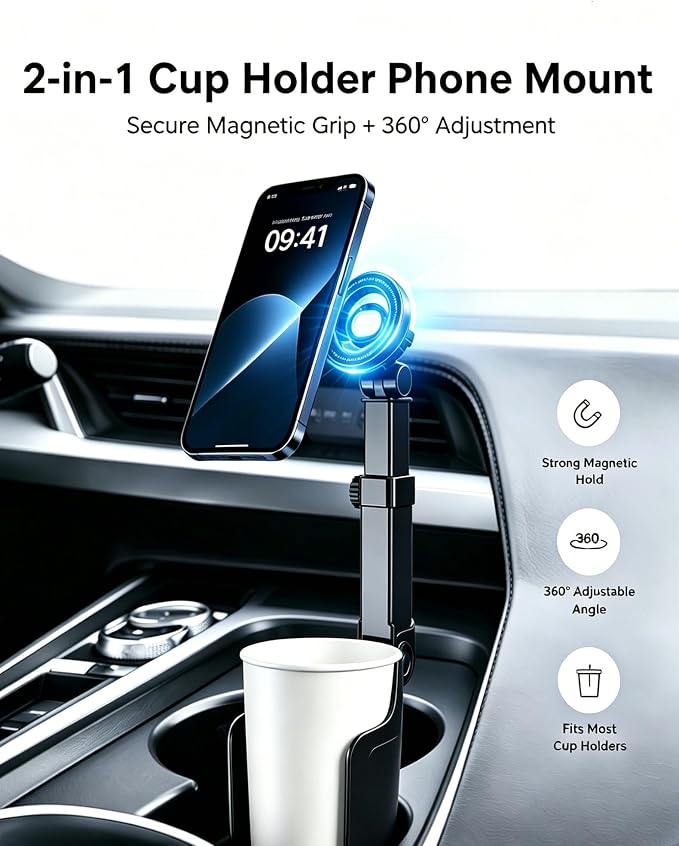 Car Cup Holder Phone Mount, 360° Adjustable N52 Magnetic (Standard) | Cup Holder Phone Mount for Car, 2 In 1 One Hand Operation Car Holder, Adjustable Base Cupholder Phone Holder for All Phones