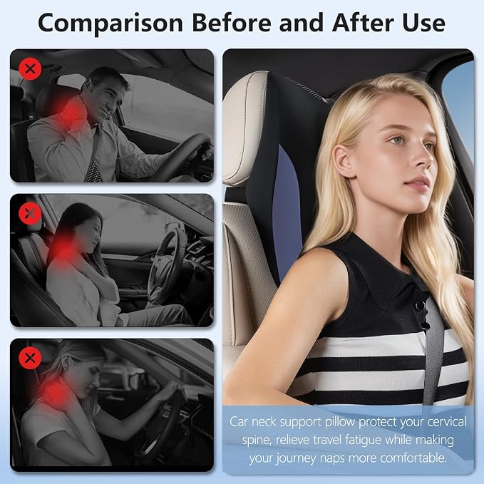 BABUR Car Headrest Pillow, Ergonomic Neck Support for Driving Seat 1 Pcs | Blue,100% Memory Foam,Universal Fit,Softness,Adjustable Strap,Breathable Removable Cover,Car Rest Pillow for Pain Relief