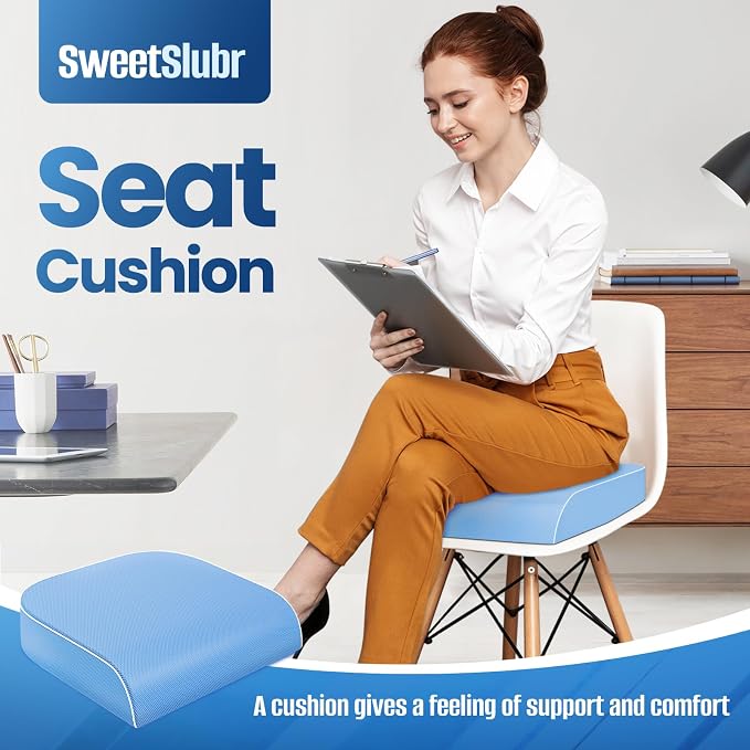 SweetSlubr Seat Cushion for Tailbone Pain Relief, Office Chair Cushion, Memory Foam Large Chair Pad with Non-Slip Cover for Soft Support at Office Chair, Car Seat, Airplane Light Blue/X-Large