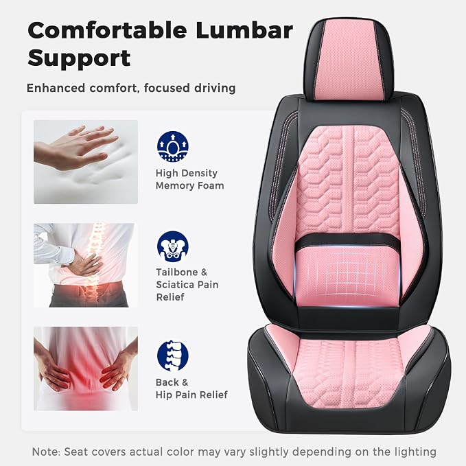 Huidasource Front Seat Covers Universal Fit for Most Cars SUV Trucks, Automotive Leather Seat Cushion Covers Protector with Lumbar Support, Waterproof Seat Cover Front Seat, Black & Pink