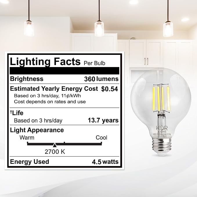 KOR 4 Pack 4.5W (40W Equivalent) Clear G25 Globe Led Light Bulbs 2700K Warm White Dimmable Filament Vintage LED Globe E26 Base Dimmable for Bathroom Vanity Bedroom Pendant