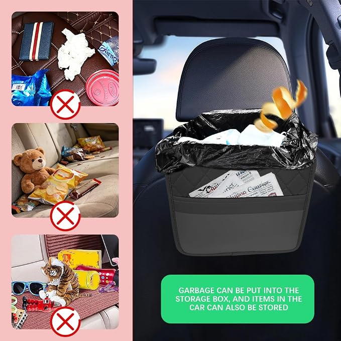 Car Seat Back Organizer, Leather Backseat Hanging Storage Bag, Multipurpose Car Hanging Trash Bag with 2 Compartments, Car Large Capacity Pouch Pocket for Kids & Adults (Black/Transparent Bag)