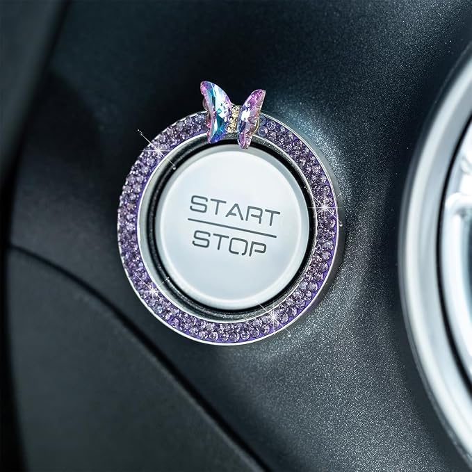 2PCS Bling Car Engine Start Stop Decoration Ring, Crystal Rhinestone Auto Push Start Button Ignition Ring Sticker, Vehicle Decor Accessories for Women Girls, Universal for Vehicles (Purple)