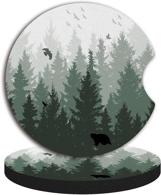 Car Coasters for Cup Holders,Cute Car Interior Accessories for Women Men,2.75" 2pcs Cup Holder Coasters for Car,Anti Slip Rubber Car Cup Mat with A Finger Notch(Forest)