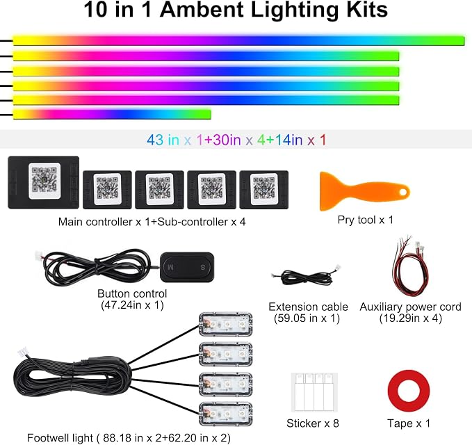 Dreamcolor Acrylic Interior Car LED Strip Lights, 10 in 1 Ambient Lighting Kit with Wireless APP, Dynamic Chasing Music Sync Fiber Optic Lights with DIY Mode, Car Inside Lighting Accessories