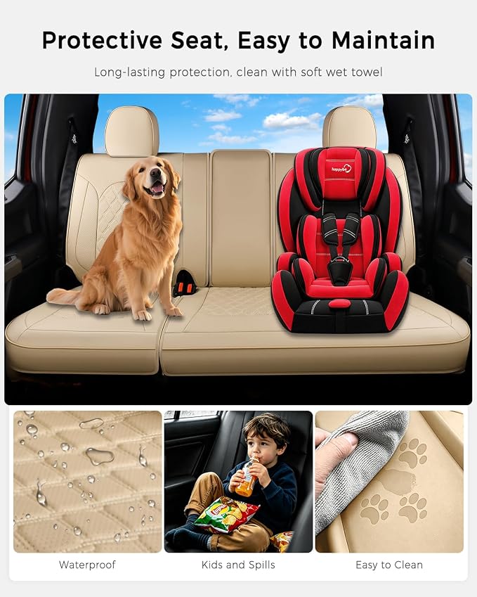 Huidasource F250 Rear Seat Covers, Beige Leather Back Seat Cushion Cover Fit for Ford F150 2015-2026&F250 F350 F450 2017-2026 Crew Cab XL XLT Lariat King Ranch Platinum, Split Rear Seat Cover