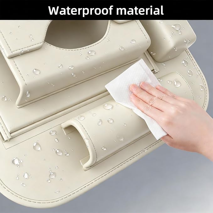 2 Pack Universal Premium Leather Foldable Car Backseat Organizer with Table Tray, Car Seat Back Protector with Garbage Bag Touch Screen Pad Holder, Car Kick Mats with Tissue Box (Beige)