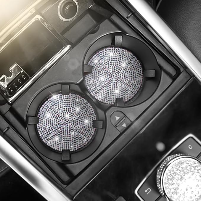 Osilly Bling Car Cup Holder Coaster, 2 Pack Crystal Rhinestone Anti-Slip Insert Coasters, Universal 2.75 Inch Fashion Automotive Cup Mat, Car Interior Accessories Decor Gifts for Women (Multicolor)