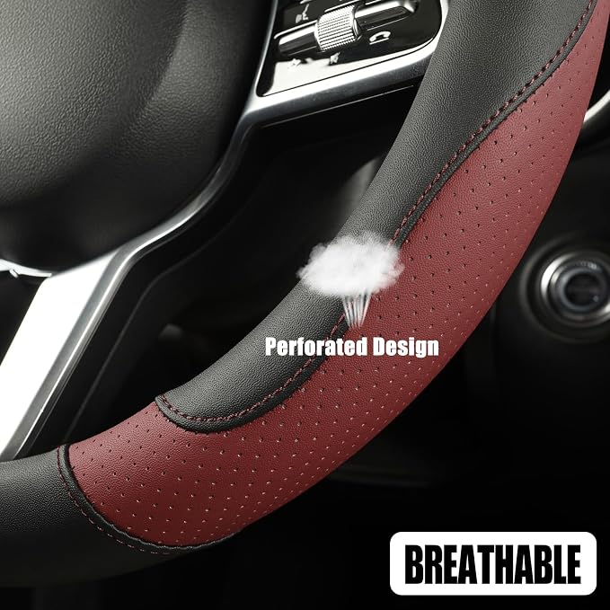Black Burgundy Microfiber Leather Steering Wheel Cover 14 inch | Breathable Anti Slip Grip Cool Sporty Look Glow for Women Men