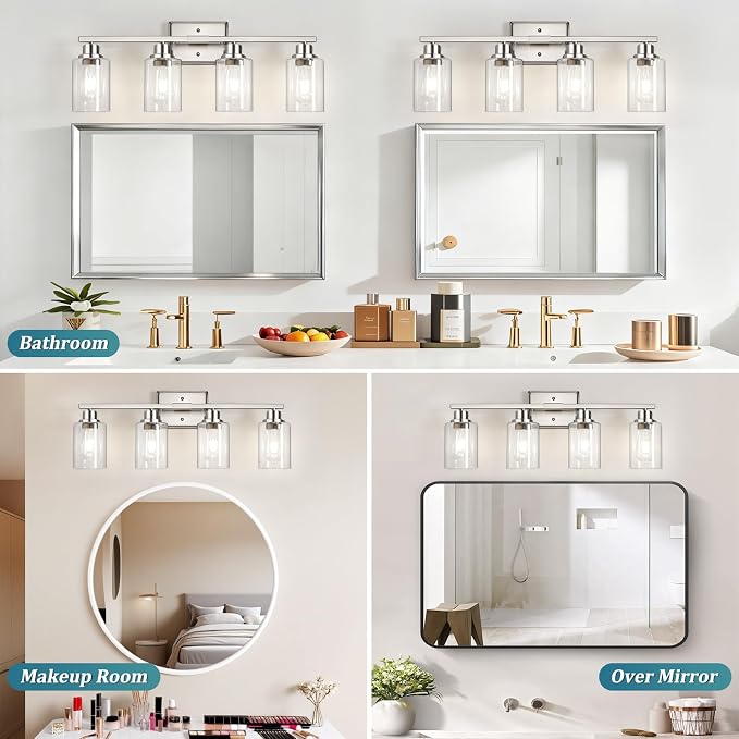 Unicozin Modern Brushed Nickel Bathroom Light Fixtures, 4-Light Vanity Lights Over Mirror with E26 LED Bulbs Included, Wall Sconce with Clear Glass Shades for Living Room Bedroom Hallway Kitchen