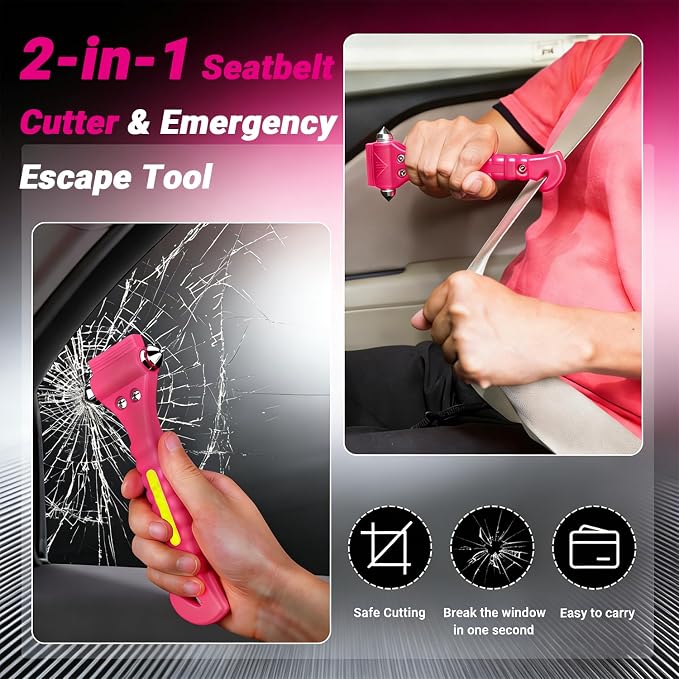 2-in-1 Car Emergency Escape Tool, Glass Window Breaker with Seatbelt Cutter, One Second Quick Release Safety Hammer for Car and Office Use -Pink