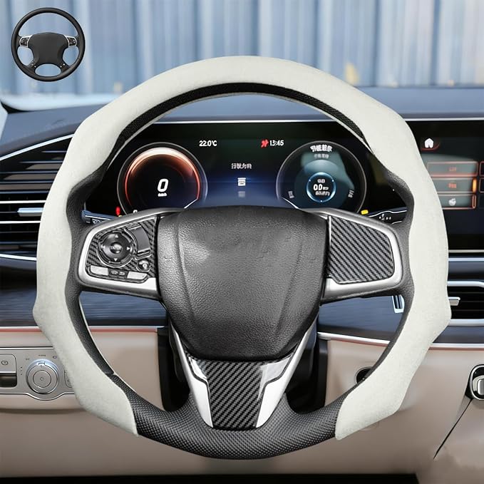 Car Steering Wheel Cover, Soft Brethable Suede Non-Slip Vehicle Steering Wheel Protector, Comfortable Sporty Auto Interior Protection Accessories, Universal for Truck SUV Van (Apricot White)