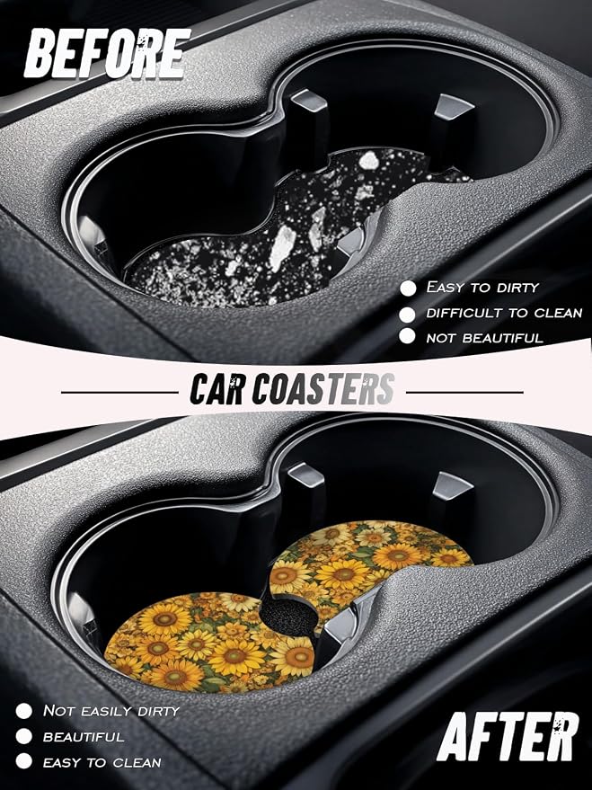 Car Cup Coasters,2 Pack Car Coaster,2.75inch Anti Slip and Absorbent Cars Coasters for Cup Holders,Neopren Accessories for Women,Cute Decor for Women (Sunflowers)