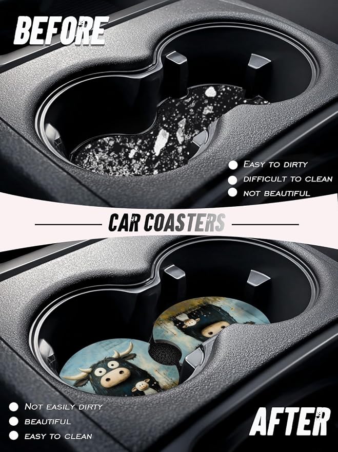 Car Cup Coasters,2 Pack Car Coaster,2.75inch Anti Slip and Absorbent Cars Coasters for Cup Holders,Neopren Accessories for Women,Cute Decor for Women (Yak)