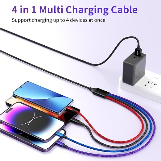 Dual IP 4 in 1 Multi Charging Cable, 1 Pack 5FT USB Charging Cord | IP/IP, USB C & Micro Ports, Nylon Braided Phone Charger Cable for Multiple Devices, Car & Travel Essentials
