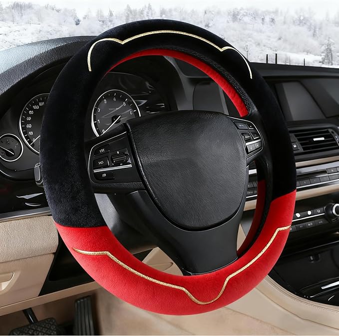 Cat Ears Plush Steering Wheel Cover,Universal 14.5-15 Inch Winter Plush Warm Steering Wheel Cover, Soft Fluffy, Anti-Slip Design, Soft Texture (Black+Red)