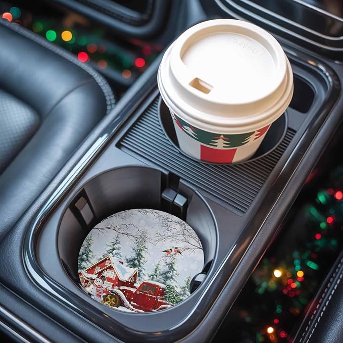 Car Coasters for Cup Holders 2.6"Dia Absorbent Coasters Set of 2 Car Interior Accessories for Women Men Ceramic Car Coaster for Drinks with Finger Grooves,Christmas Winter Snowflakes Snowman Truck Red