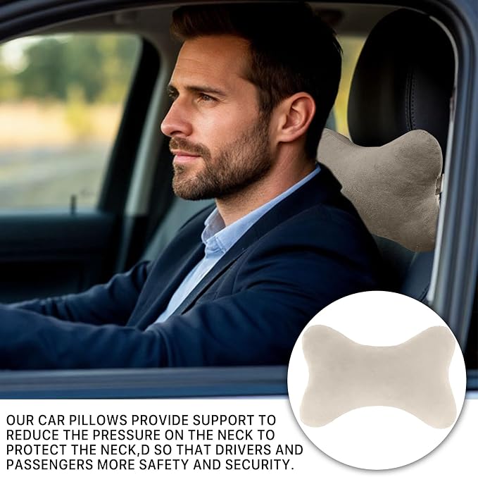 Car Headrest Pillow, Soft & Comfortable Memory Foam Car Neck Pillow for Driving Fatigue Relieve, Universal Cars Head Rest Pillows with Adjustable Strap, Car Interlor Accessorles (Beige)