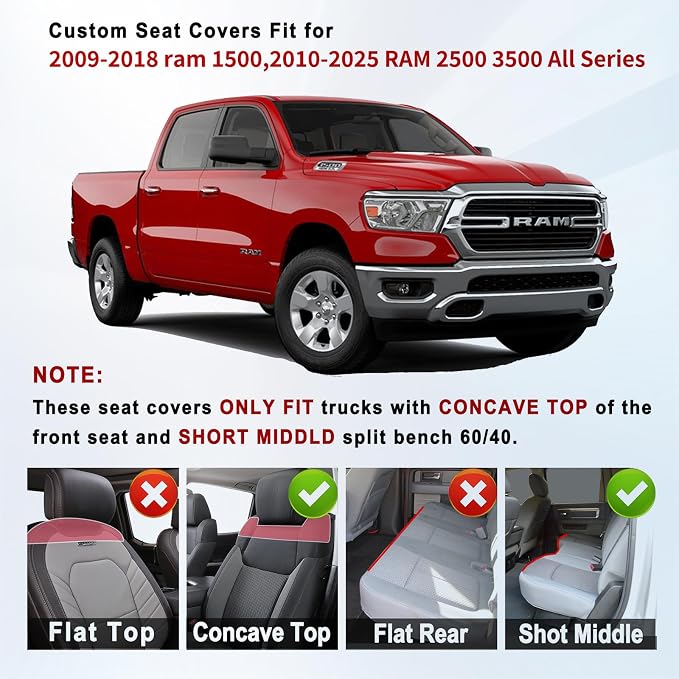 Huidasource Dodge Ram Seat Covers Full Set, Full Coverage Waterproof Leather Pickup Truck Seat Cushion Protector Fit for 2009-2018 1500, 2010-2025 2500/3500 Crew Mega Cab(Full Set/Black&Red)
