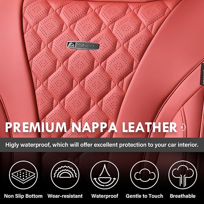 Coverado Car Seat Covers Full Set, Luxury Diamond Leather Car Seat Cover, Waterproof Automotive Seat Protectors, Breathable Car Seat Cushion, Universal 5 Seats Seat Cover Fit for Most Cars, Red