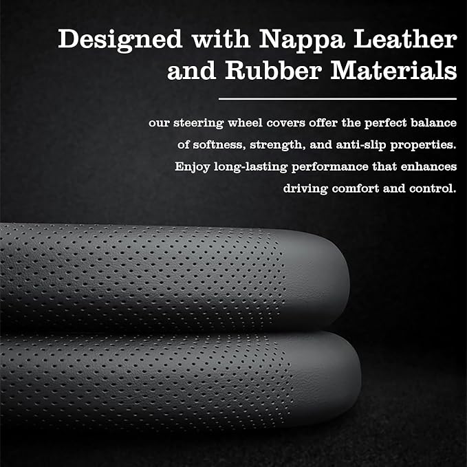 Car Leather Steering Wheel Cover - Panapi Material, Universal 14.5-15 Inch Leather Anti-Slip Breathable Auto Steering Wheel Covers for Men Women (Nappa Leather - Tricolor Stripes)